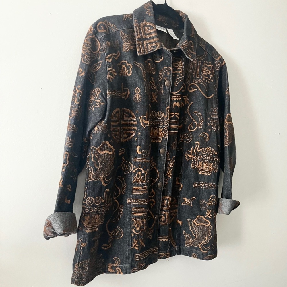 Chico's Embroidered Denim Jacket Black and Brown Boho Western Size 1 medium - Picture 2 of 6